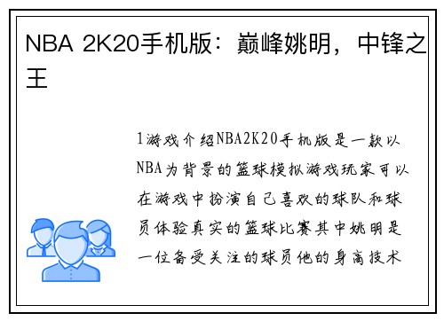 NBA 2K20手机版：巅峰姚明，中锋之王